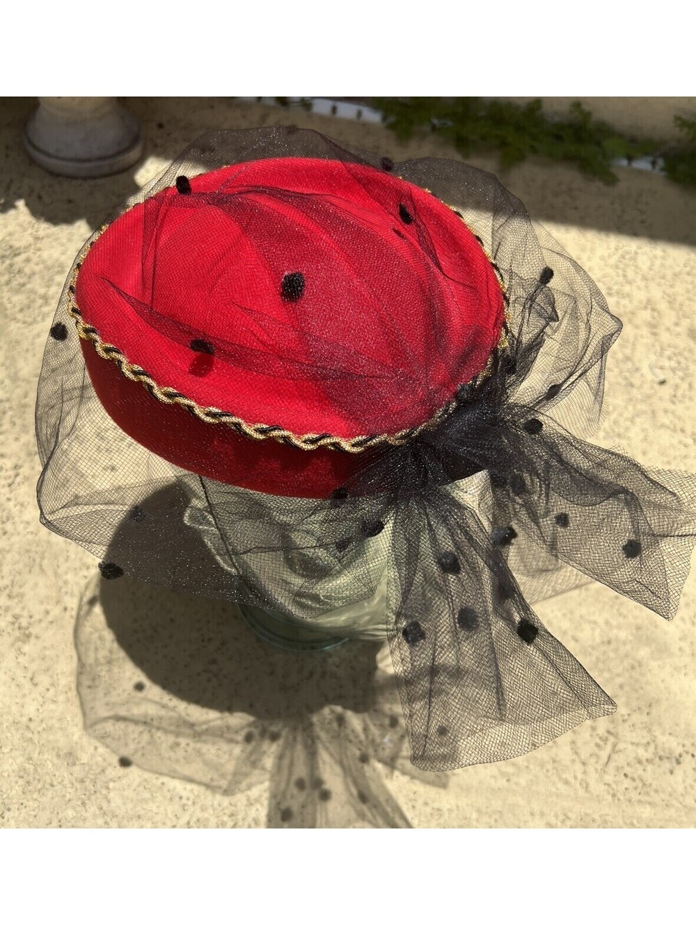 Vintage Women's 1950's Pillbox Hat Betmar New York Red Gold Tulle 100% Wool USA